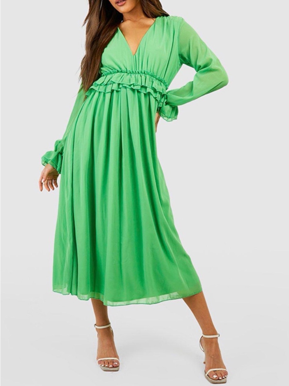 Boohoo Bright Green Ruffle V-Neck Midi Dress